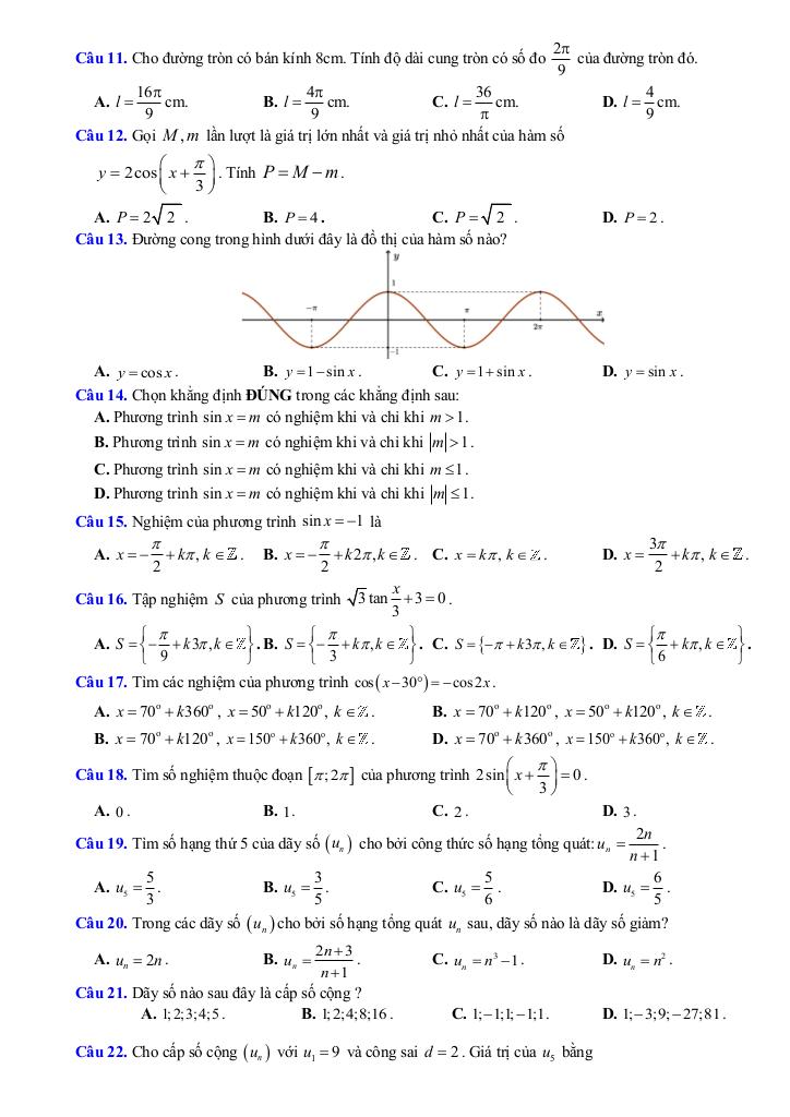 đề cương giữa kỳ 1 toán 11 năm 2025 – 2026 trường thpt hoàng văn thụ – hà nội 2