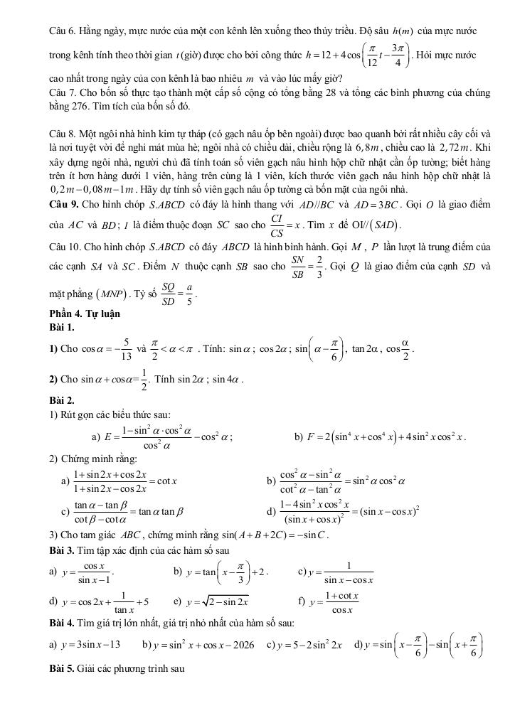 đề cương giữa kỳ 1 toán 11 năm 2025 – 2026 trường thpt hoàng văn thụ – hà nội 6