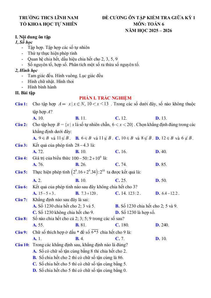 đề cương giữa kỳ 1 toán 6 năm 2025 – 2026 trường thcs lĩnh nam – hà nội 0