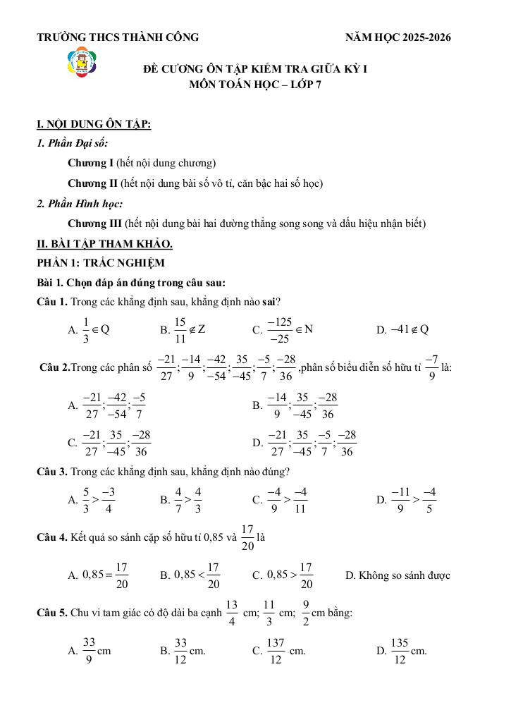đề cương giữa kỳ 1 toán 7 năm 2025 – 2026 trường thcs thành công – hà nội 0