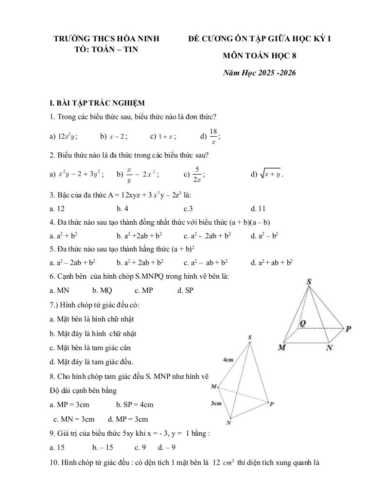 đề cương giữa kỳ 1 toán 8 năm 2025 – 2026 trường thcs hòa ninh – lâm đồng 0