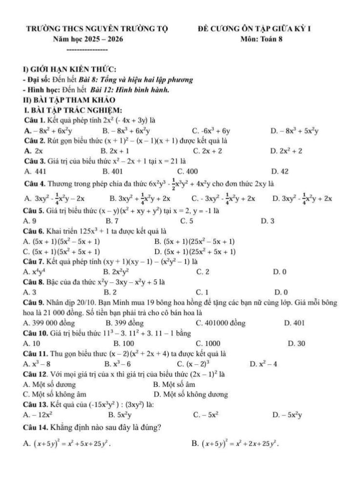 đề cương giữa kỳ 1 toán 8 năm 2025 – 2026 trường thcs nguyễn trường tộ – hà nội 0
