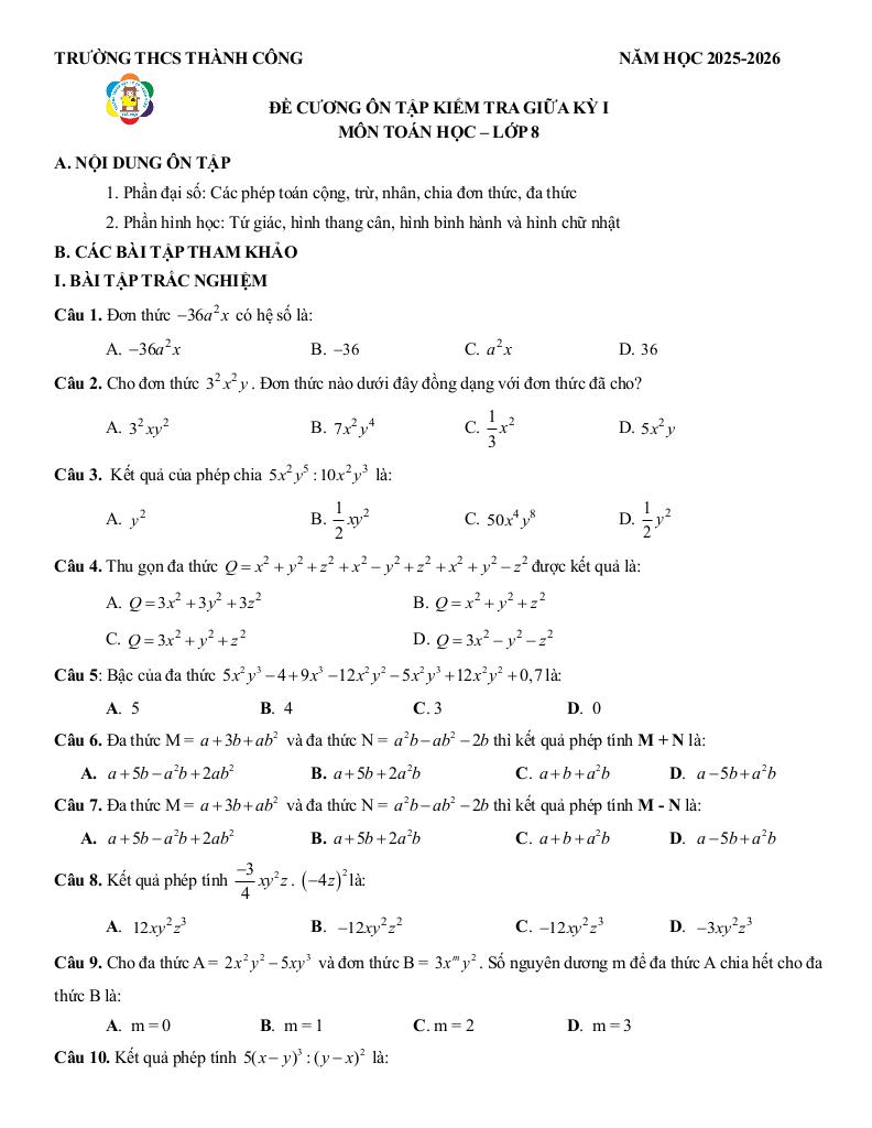 đề cương giữa kỳ 1 toán 8 năm 2025 – 2026 trường thcs thành công – hà nội 0