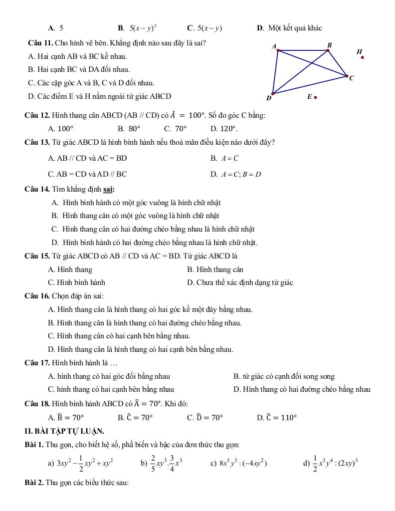đề cương giữa kỳ 1 toán 8 năm 2025 – 2026 trường thcs thành công – hà nội 1