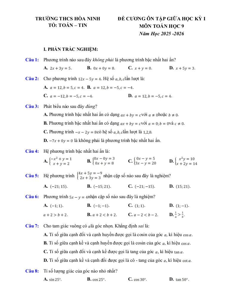 đề cương giữa kỳ 1 toán 9 năm 2025 – 2026 trường thcs hòa ninh – lâm đồng 0