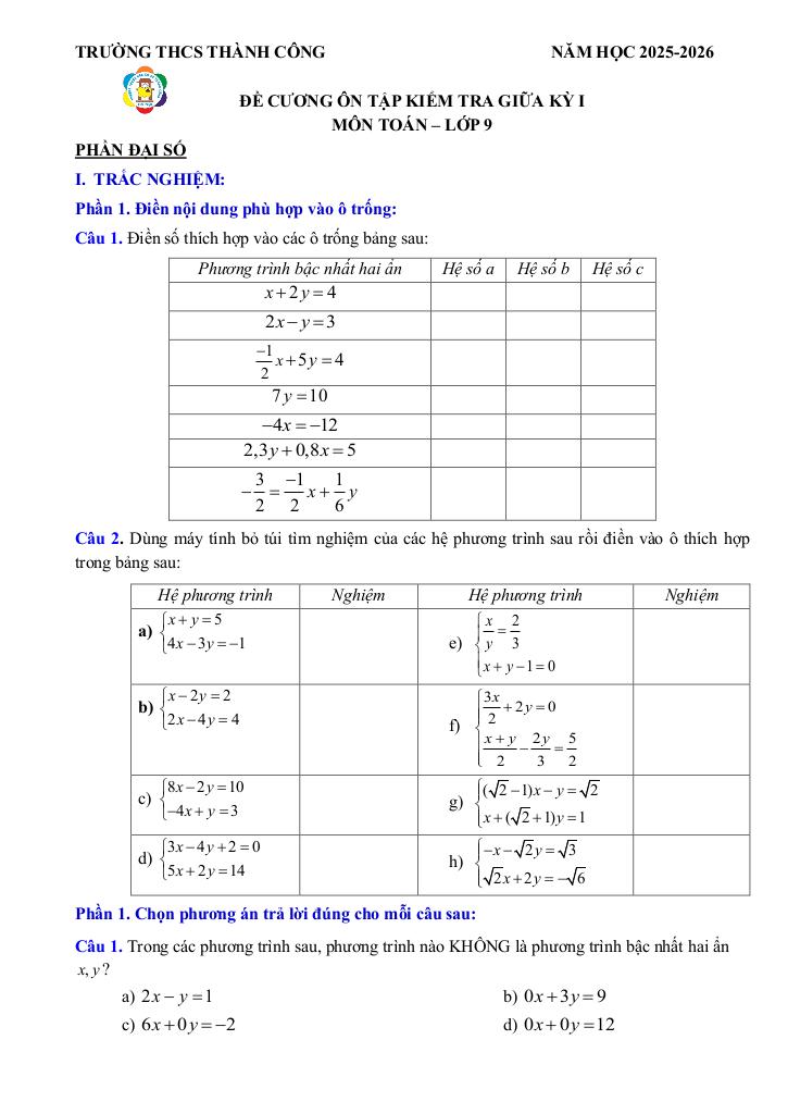 đề cương giữa kỳ 1 toán 9 năm 2025 – 2026 trường thcs thành công – hà nội 0