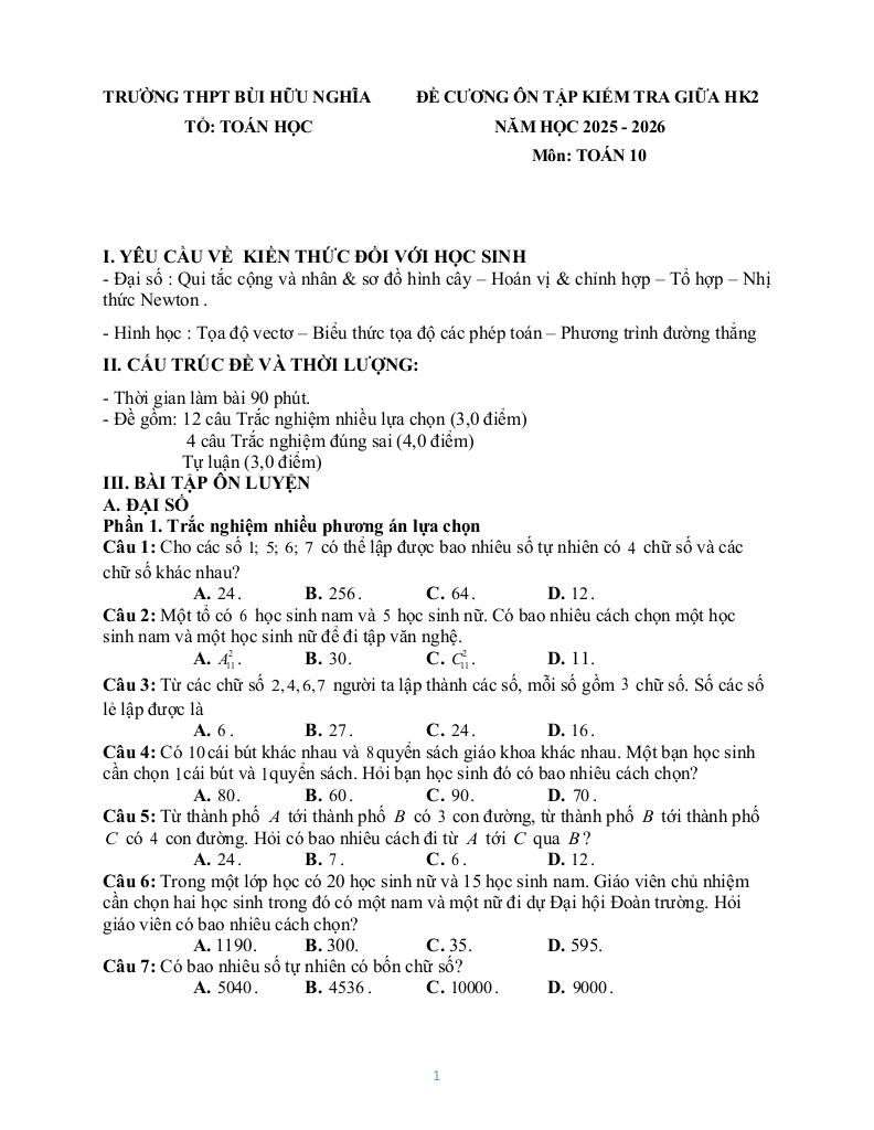 đề cương giữa kỳ 2 toán 10 năm 2025 – 2026 trường thpt bùi hữu nghĩa – cần thơ - hình 1