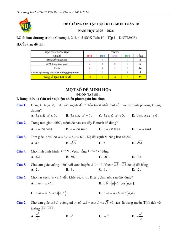 đề cương học kì 1 toán 10 năm 2025 – 2026 trường thpt việt đức – hà nội 0