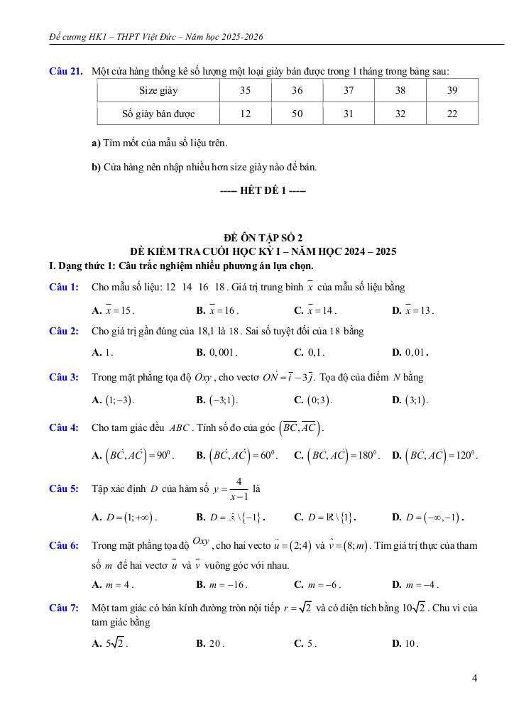 đề cương học kì 1 toán 10 năm 2025 – 2026 trường thpt việt đức – hà nội 3