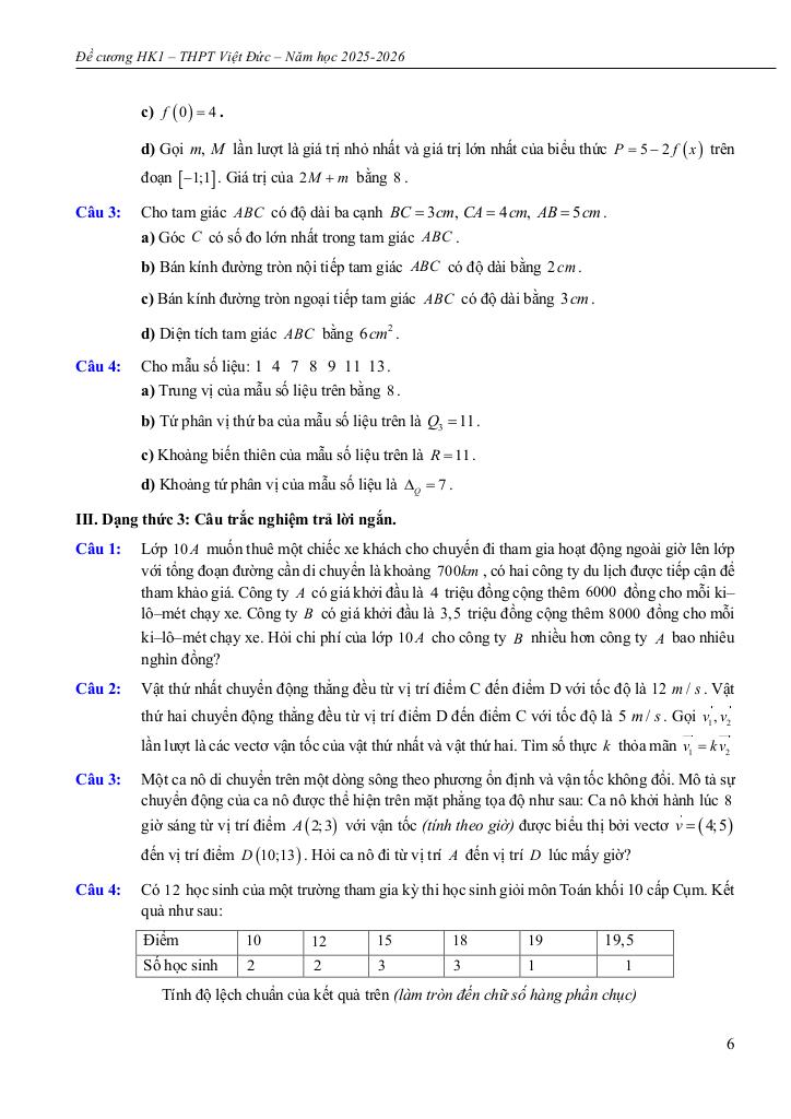 đề cương học kì 1 toán 10 năm 2025 – 2026 trường thpt việt đức – hà nội 5