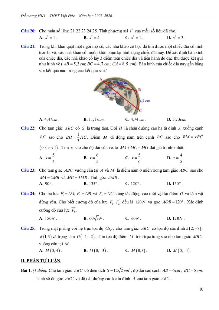 đề cương học kì 1 toán 10 năm 2025 – 2026 trường thpt việt đức – hà nội 9