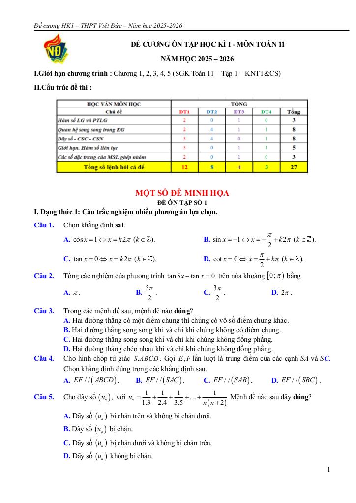đề cương học kì 1 toán 11 năm 2025 – 2026 trường thpt việt đức – hà nội 0
