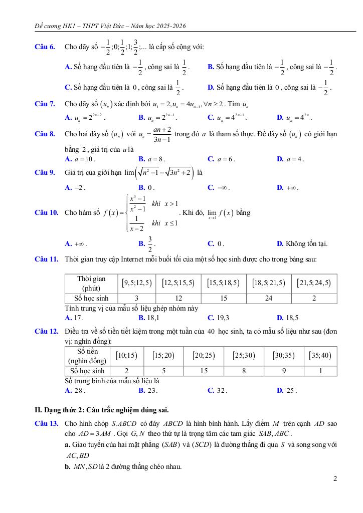đề cương học kì 1 toán 11 năm 2025 – 2026 trường thpt việt đức – hà nội 1