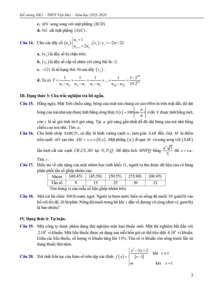 đề cương học kì 1 toán 11 năm 2025 – 2026 trường thpt việt đức – hà nội 2