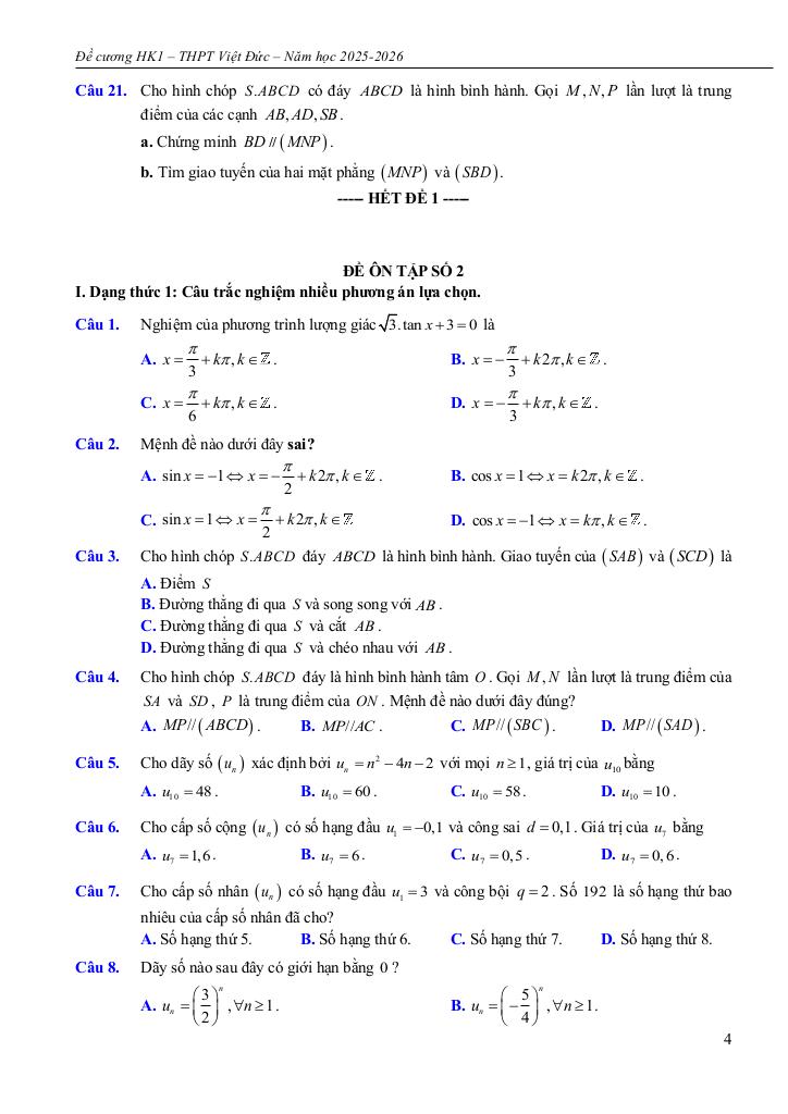 đề cương học kì 1 toán 11 năm 2025 – 2026 trường thpt việt đức – hà nội 3