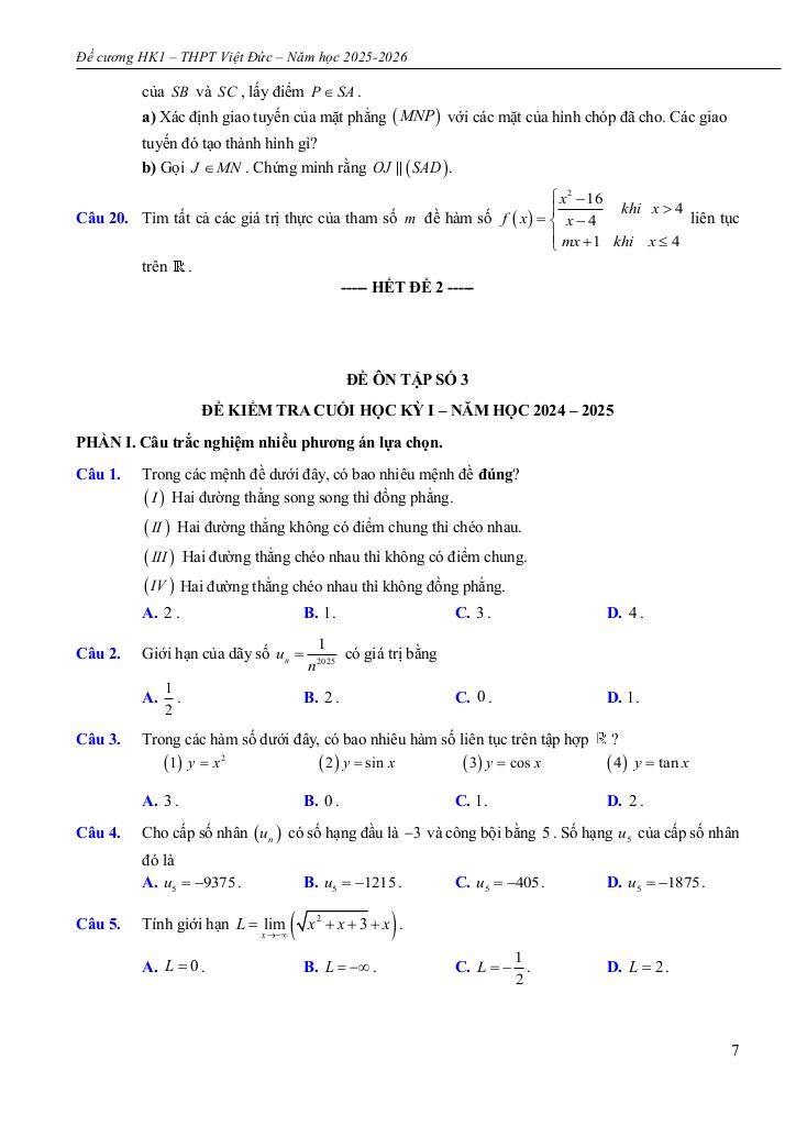 đề cương học kì 1 toán 11 năm 2025 – 2026 trường thpt việt đức – hà nội 6