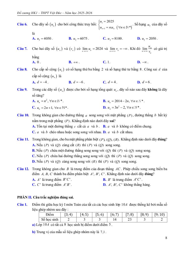 đề cương học kì 1 toán 11 năm 2025 – 2026 trường thpt việt đức – hà nội 7