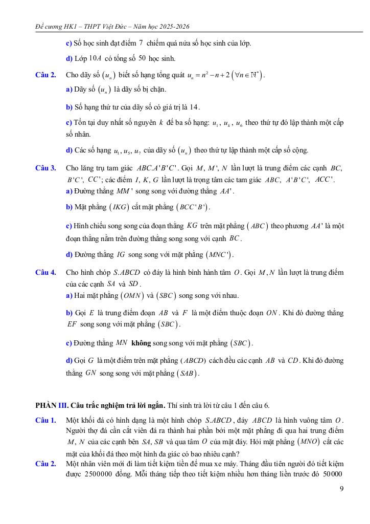 đề cương học kì 1 toán 11 năm 2025 – 2026 trường thpt việt đức – hà nội 8