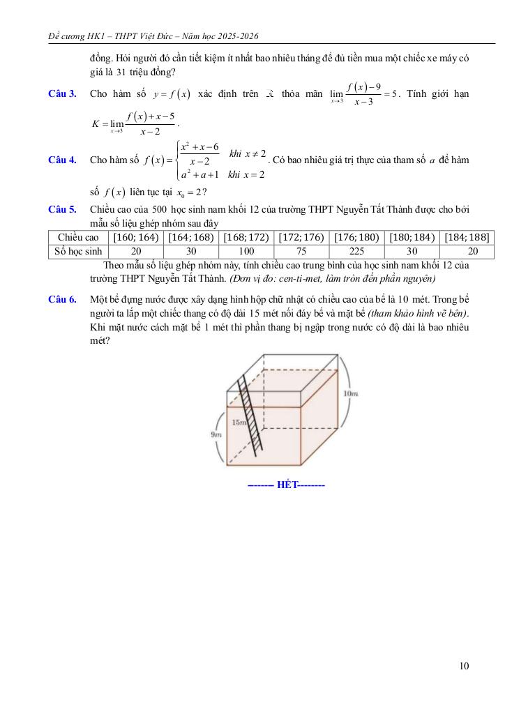đề cương học kì 1 toán 11 năm 2025 – 2026 trường thpt việt đức – hà nội 9