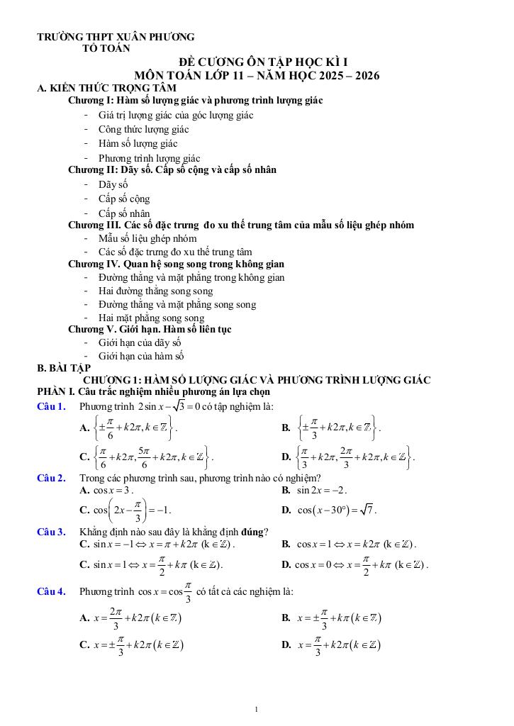 đề cương học kì 1 toán 11 năm 2025 – 2026 trường thpt xuân phương – hà nội - hình 1