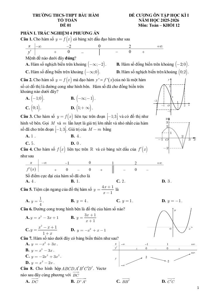 đề cương học kì 1 toán 12 năm 2025 – 2026 trường thcs-thpt bàu hàm – đồng nai - hình 1