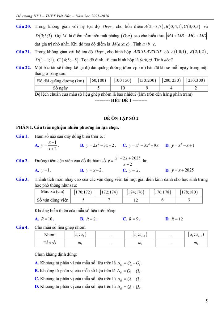 đề cương học kì 1 toán 12 năm 2025 – 2026 trường thpt việt đức – hà nội 4