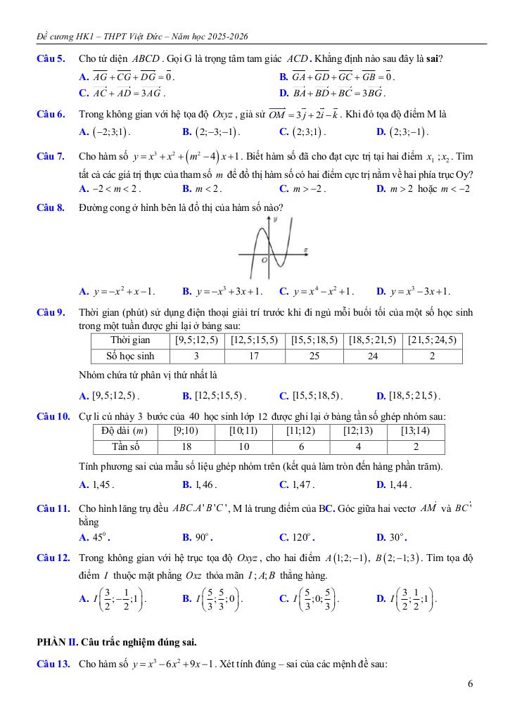 đề cương học kì 1 toán 12 năm 2025 – 2026 trường thpt việt đức – hà nội 5