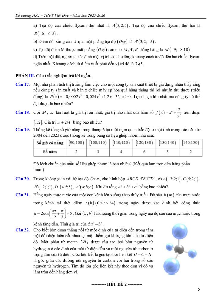 đề cương học kì 1 toán 12 năm 2025 – 2026 trường thpt việt đức – hà nội 7