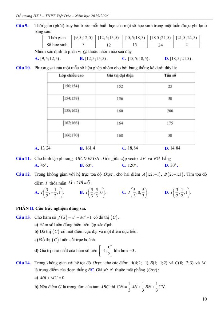 đề cương học kì 1 toán 12 năm 2025 – 2026 trường thpt việt đức – hà nội 9