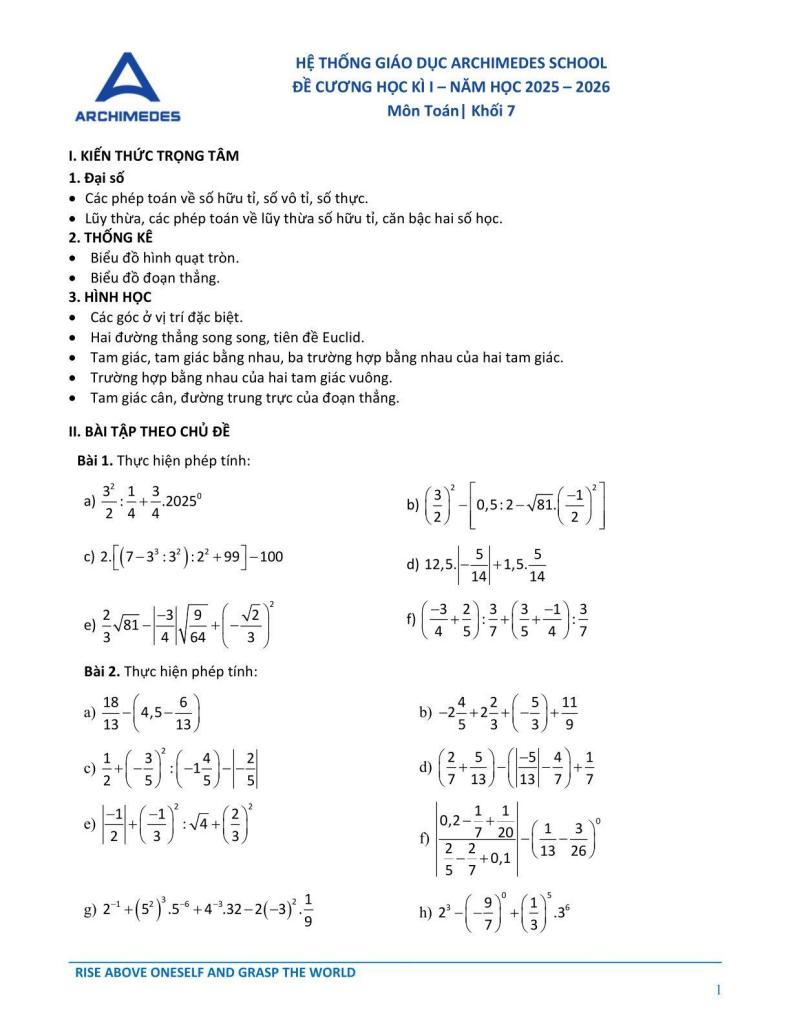 đề cương học kì 1 toán 7 năm 2025 – 2026 hệ thống gd archimedes school – hà nội 0