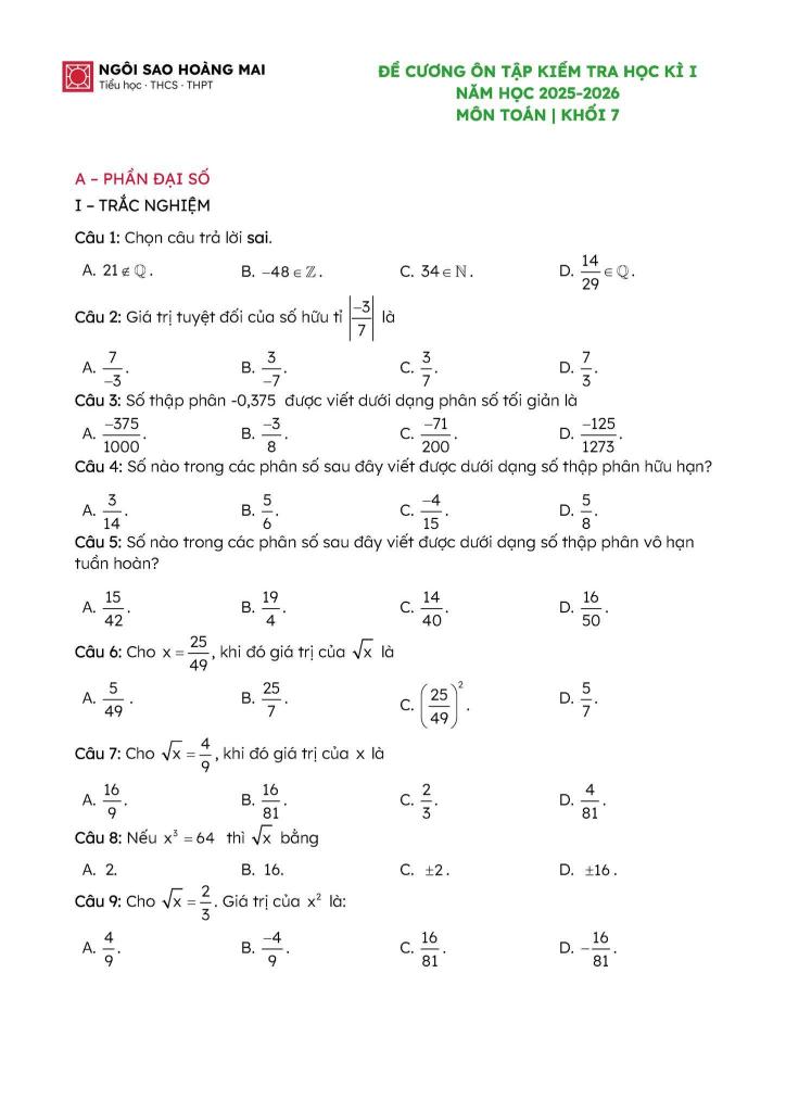 đề cương học kì 1 toán 7 năm 2025 – 2026 trường ngôi sao hoàng mai – hà nội 0
