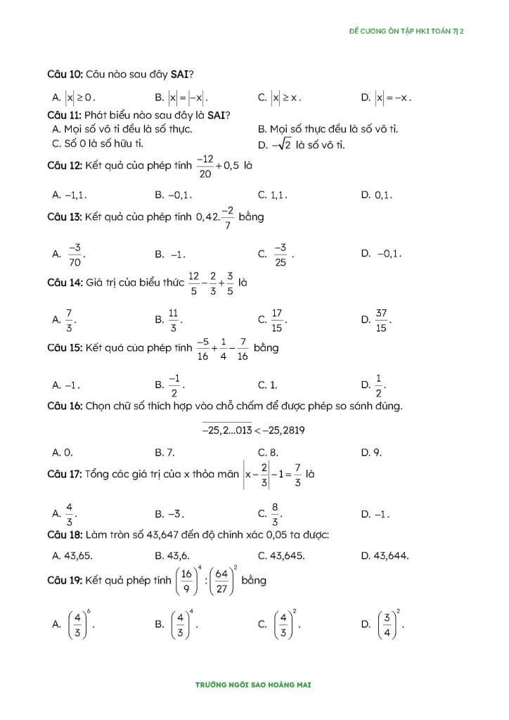 đề cương học kì 1 toán 7 năm 2025 – 2026 trường ngôi sao hoàng mai – hà nội 1