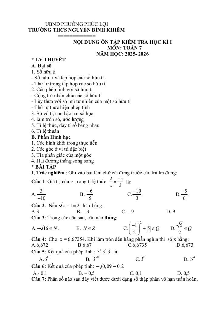 đề cương học kì 1 toán 7 năm 2025 – 2026 trường thcs nguyễn bỉnh khiêm – hà nội 0