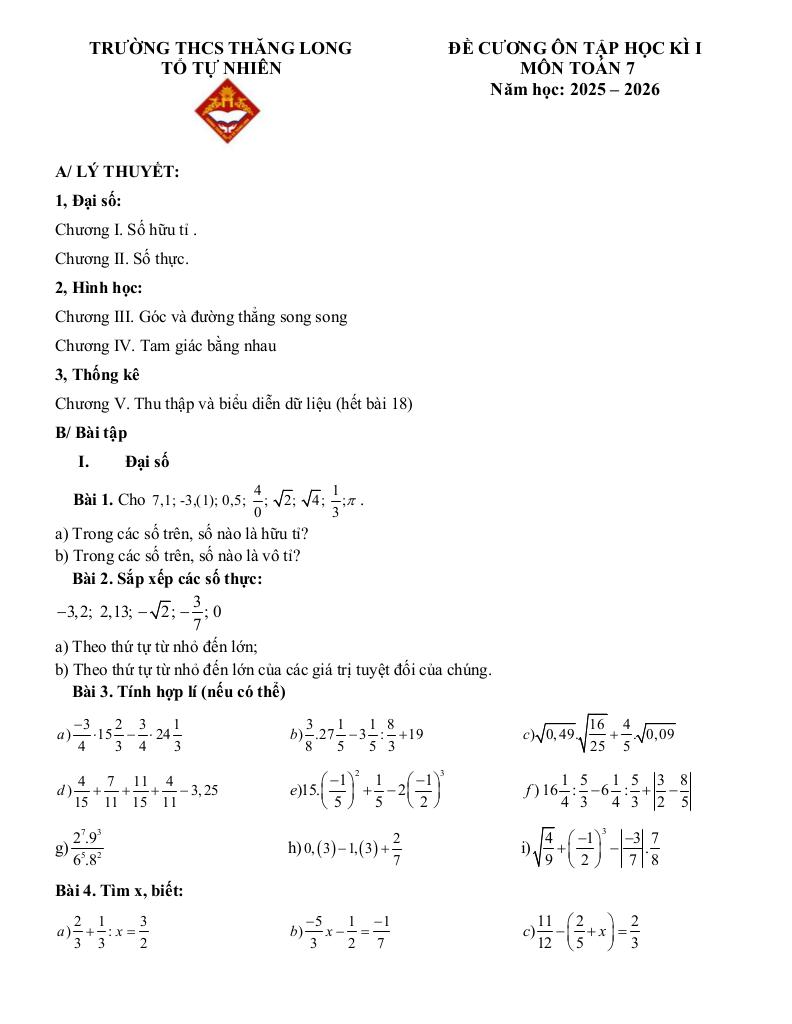 đề cương học kì 1 toán 7 năm 2025 – 2026 trường thcs thăng long – hà nội 0