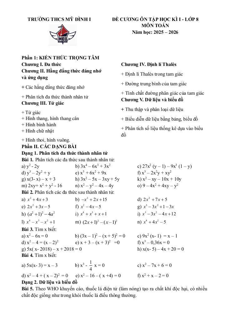 đề cương học kì 1 toán 8 năm 2025 – 2026 trường thcs mỹ đình 1 – hà nội 0