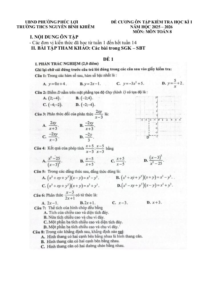 đề cương học kì 1 toán 8 năm 2025 – 2026 trường thcs nguyễn bỉnh khiêm – hà nội 0