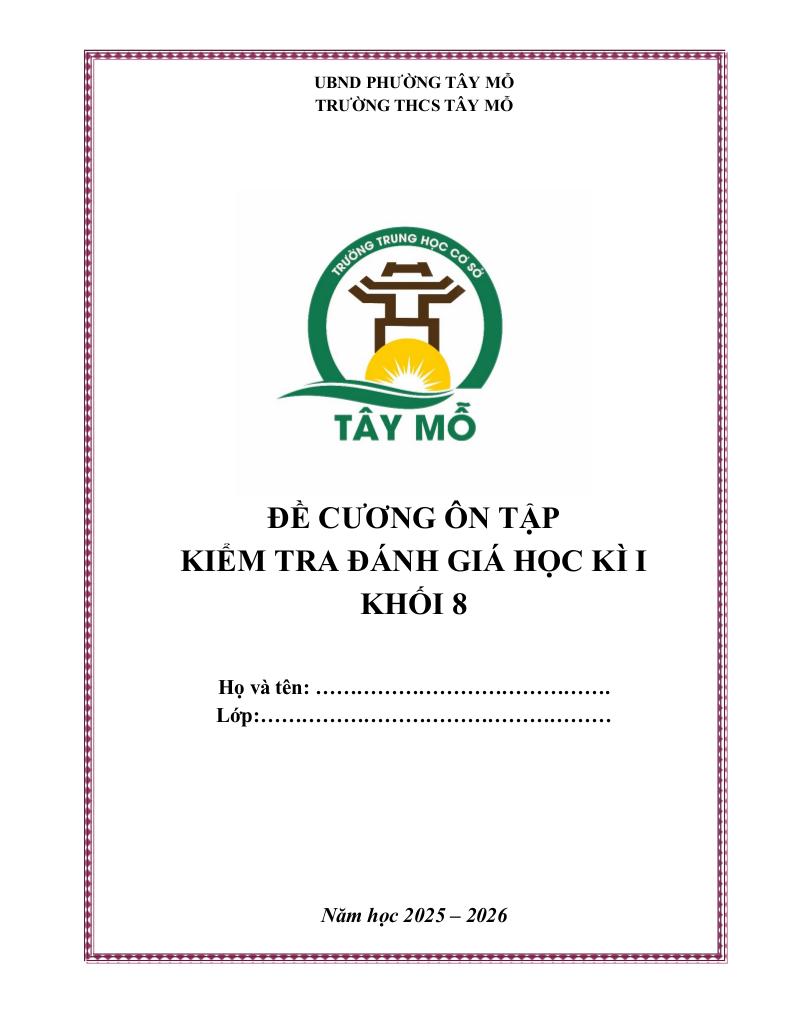 đề cương học kì 1 toán 8 năm 2025 – 2026 trường thcs tây mỗ – hà nội 0
