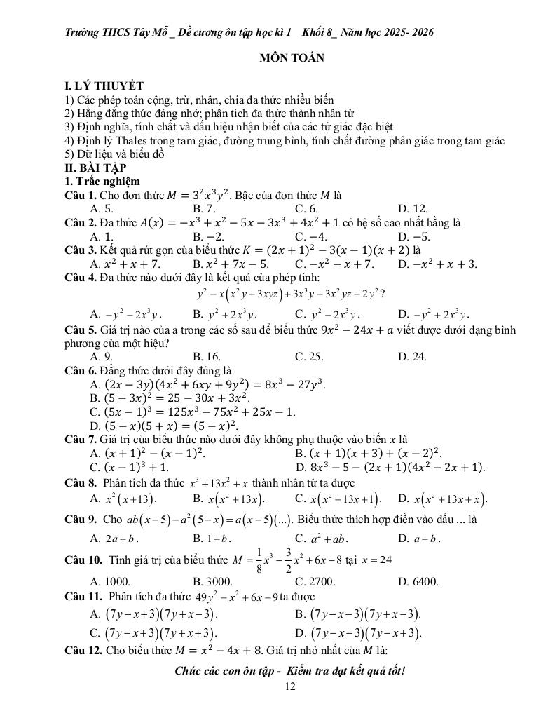 đề cương học kì 1 toán 8 năm 2025 – 2026 trường thcs tây mỗ – hà nội 1