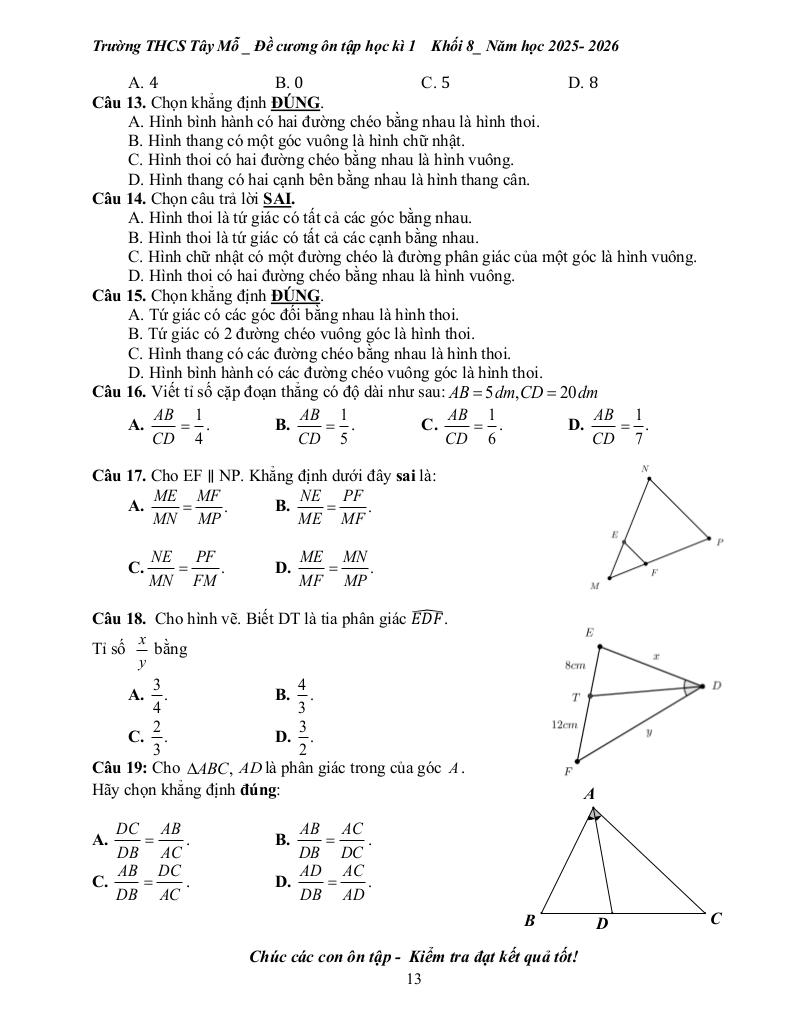 đề cương học kì 1 toán 8 năm 2025 – 2026 trường thcs tây mỗ – hà nội 2