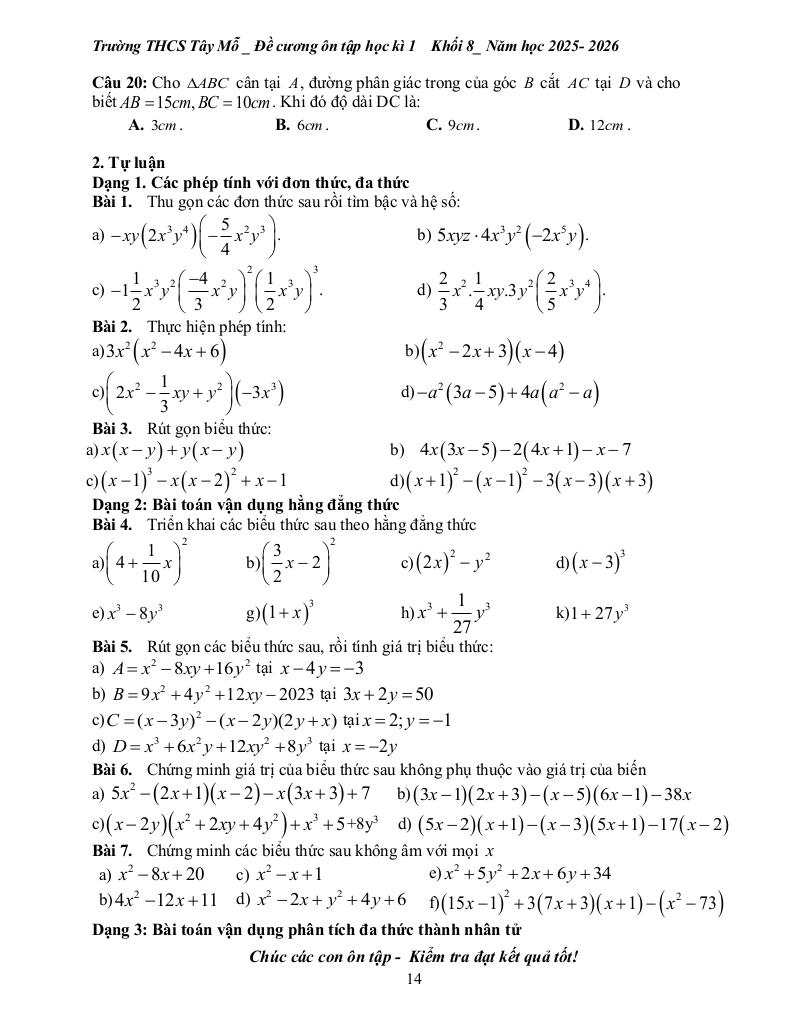 đề cương học kì 1 toán 8 năm 2025 – 2026 trường thcs tây mỗ – hà nội 3