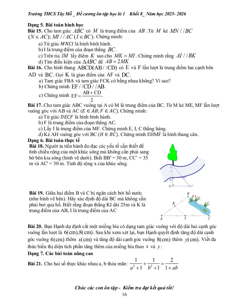 đề cương học kì 1 toán 8 năm 2025 – 2026 trường thcs tây mỗ – hà nội 5