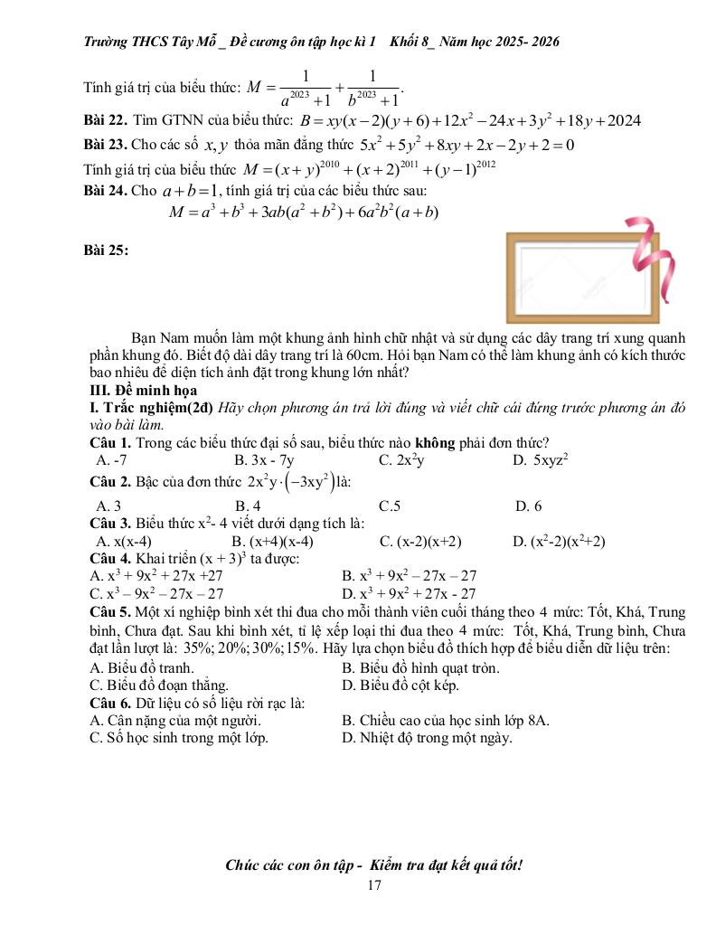 đề cương học kì 1 toán 8 năm 2025 – 2026 trường thcs tây mỗ – hà nội 6