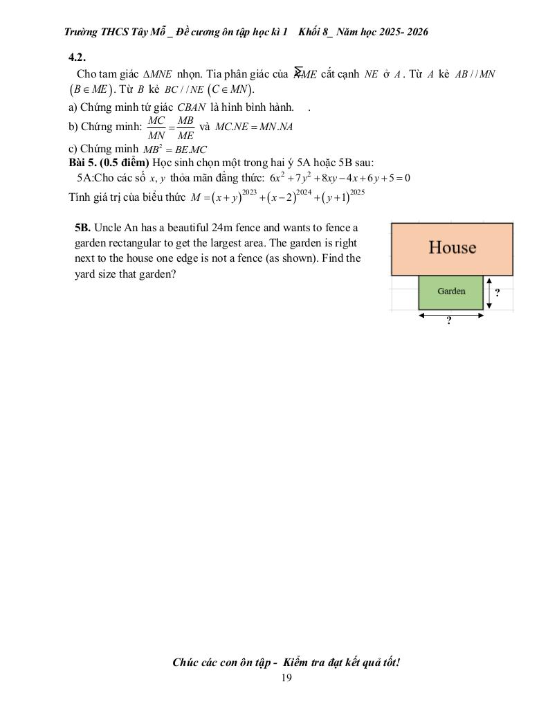 đề cương học kì 1 toán 8 năm 2025 – 2026 trường thcs tây mỗ – hà nội 8