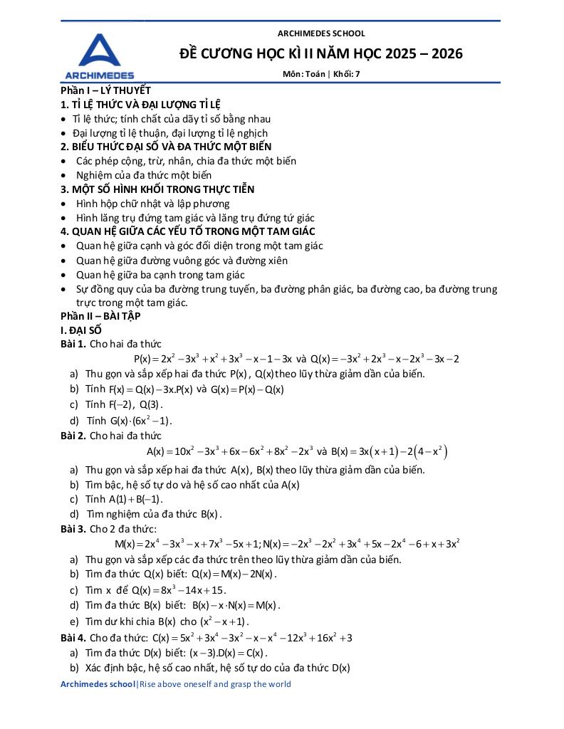 đề cương học kì 2 toán 7 năm 2025 – 2026 hệ thống gd archimedes school – hà nội - hình 1