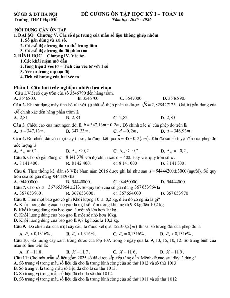 đề cương học kỳ 1 toán 10 năm 2025 – 2026 trường thpt đại mỗ – hà nội 0