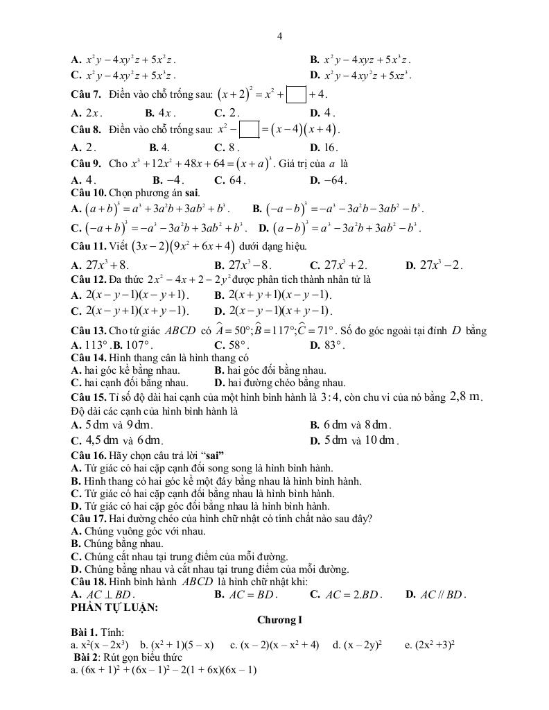 đề cương học kỳ 1 toán 8 năm 2025 – 2026 trường thcs ái mộ – hà nội 2