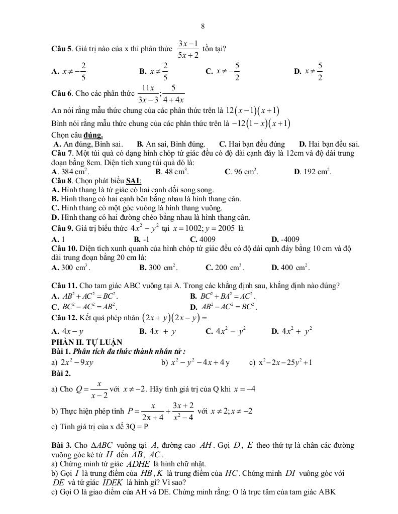 đề cương học kỳ 1 toán 8 năm 2025 – 2026 trường thcs ái mộ – hà nội 6