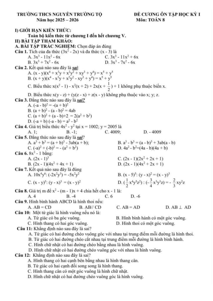 đề cương học kỳ 1 toán 8 năm 2025 – 2026 trường thcs nguyễn trường tộ – hà nội 0
