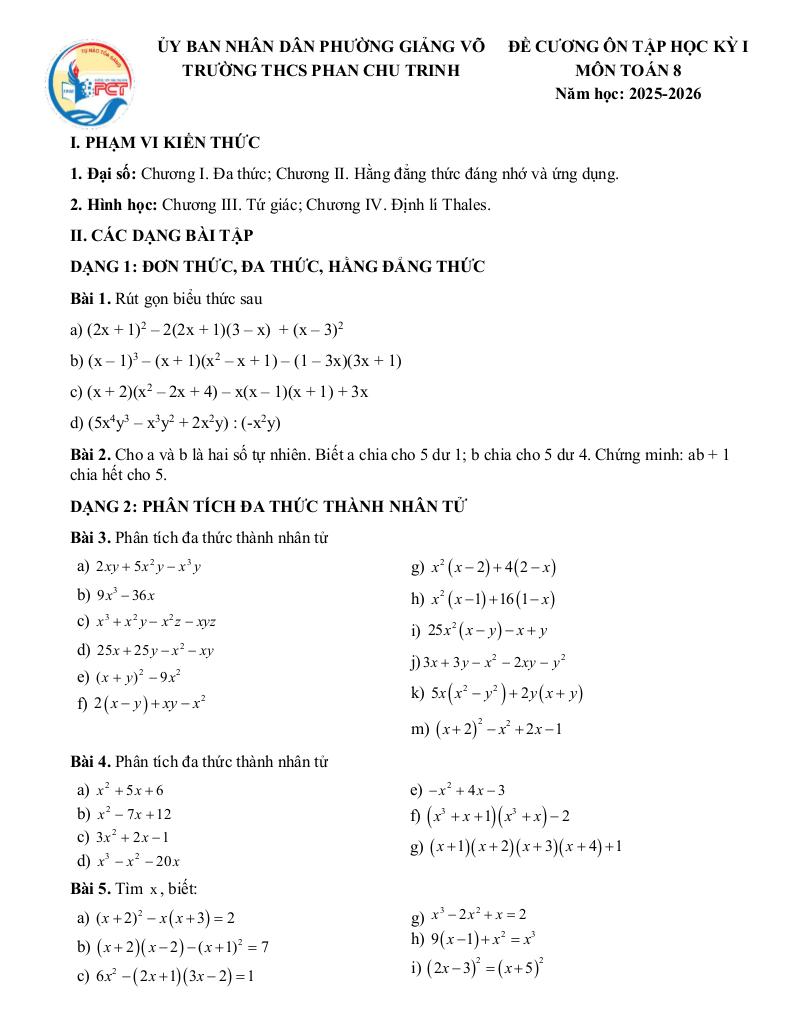 đề cương học kỳ 1 toán 8 năm 2025 – 2026 trường thcs phan chu trinh – hà nội 0