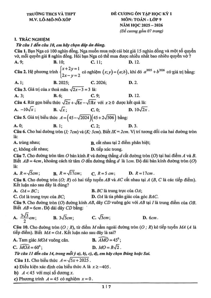 đề cương học kỳ 1 toán 9 năm 2025 – 2026 trường m.v. lômônôxốp – hà nội 0